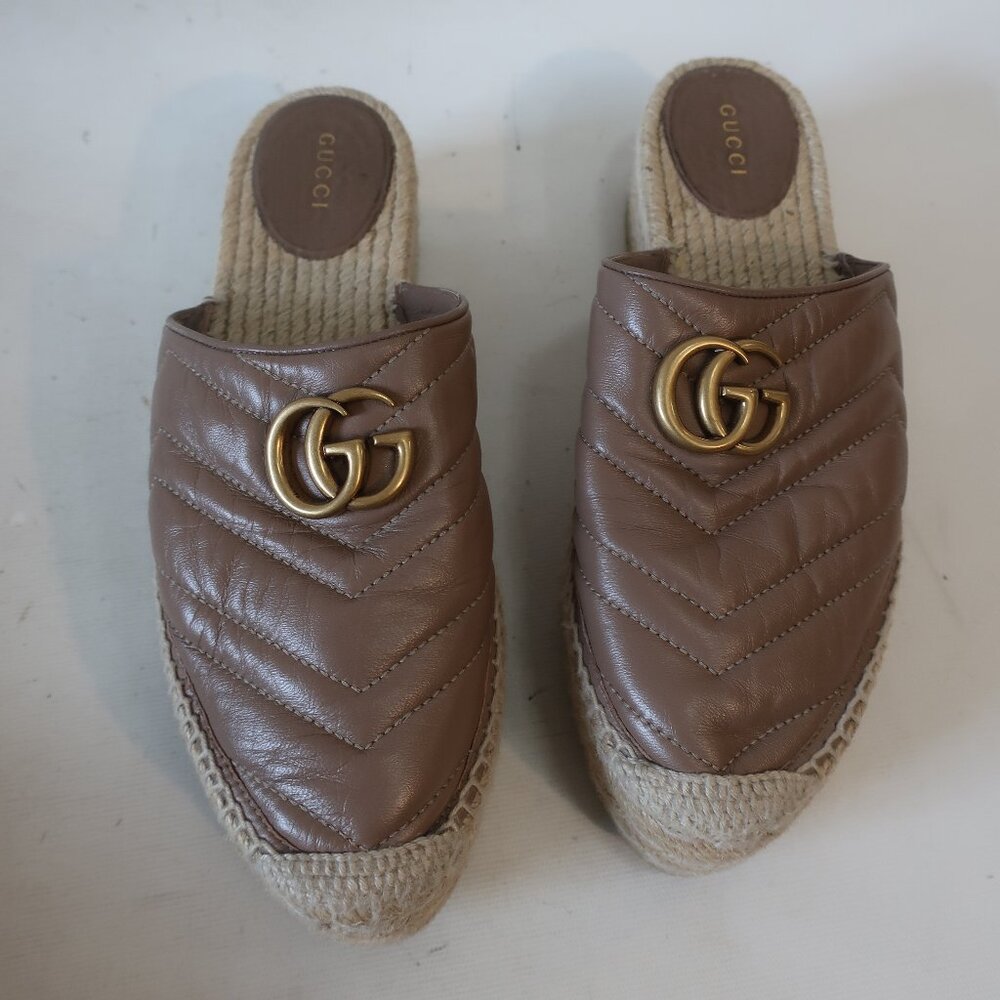 Authentic Gucci Marmont Taupe Leather GG Espadrille Flat Platform Mule 39 US/8.5 - Picture 6 of 14